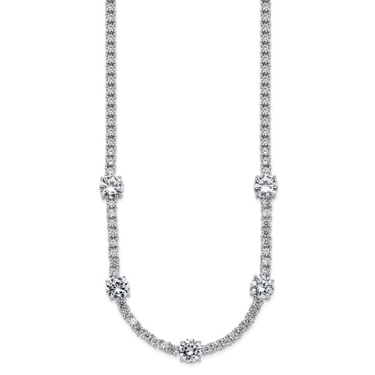 Rhodium Over Sterling Silver Cubic Zirconia Station With Safety Clasp Necklace