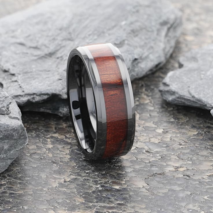 BENNY Black Ceramic Polished Beveled Edges Men’s Wedding Band with
Bubinga Wood Inlay 8mm