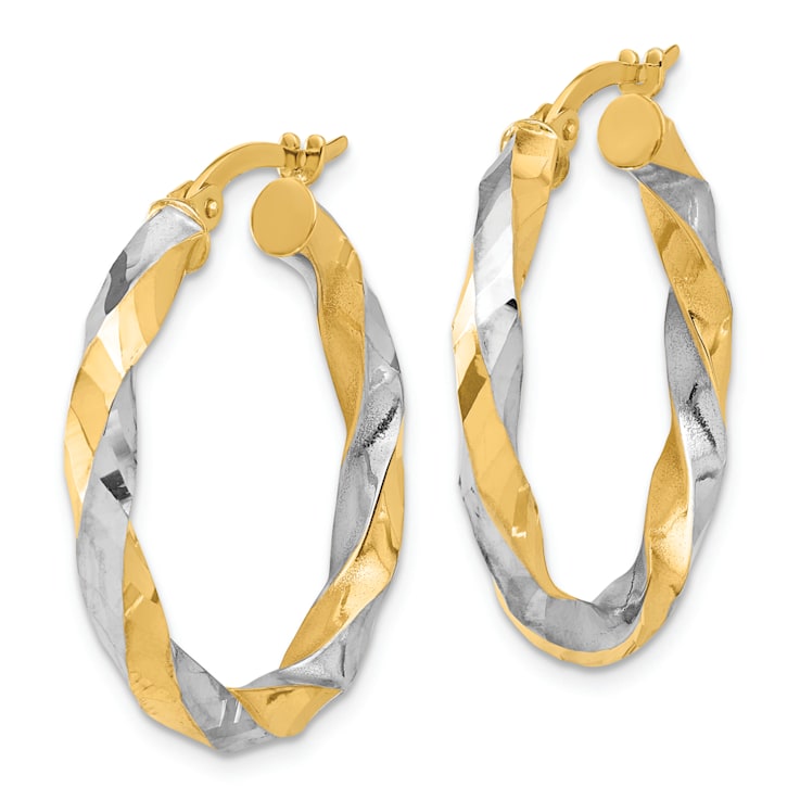 14k Yellow Gold and Rhodium Over 14k Yellow Gold Polished Diamond-Cut 1
1/16" Twisted Hoop Earrings
