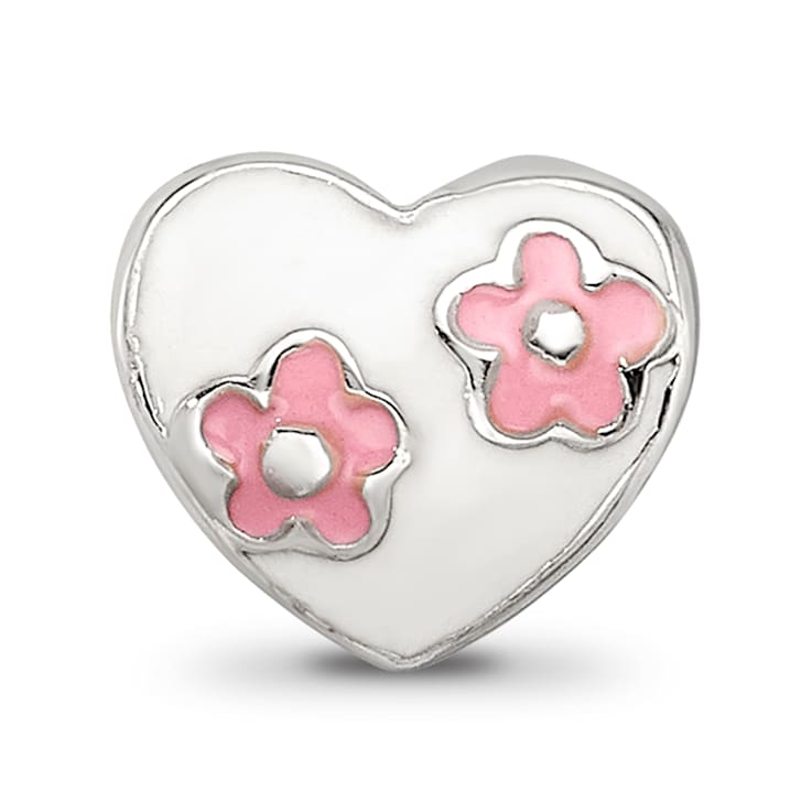 Sterling Silver Enameled Heart with Pink Flowers Bead
