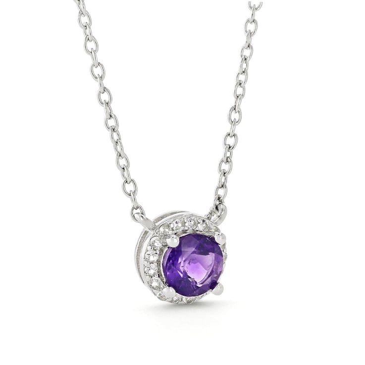 Dark Purple Amethyst with White Topaz Halo Rhodium Over Sterling Silver Necklace