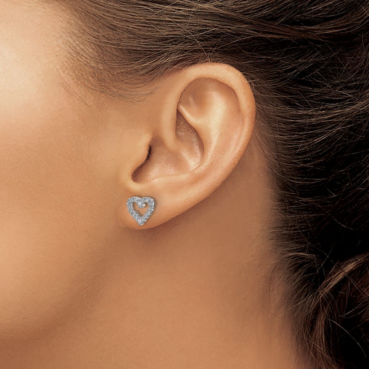 Rhodium Over 14k White Gold Diamond Heart Stud Earrings