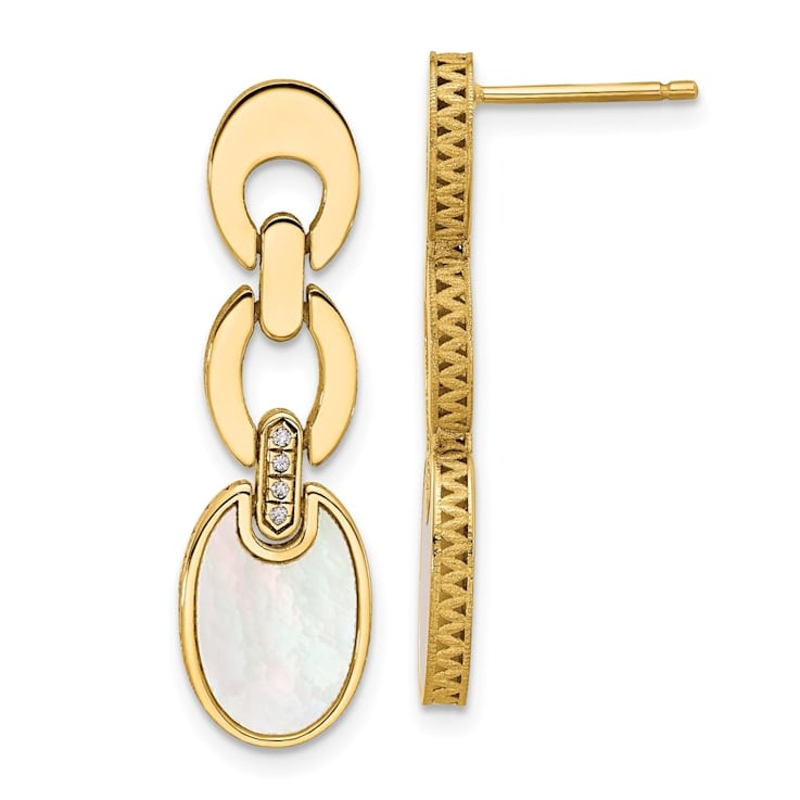14K Yellow Gold Diamond and Mother of Pearl Chain Post Earrings