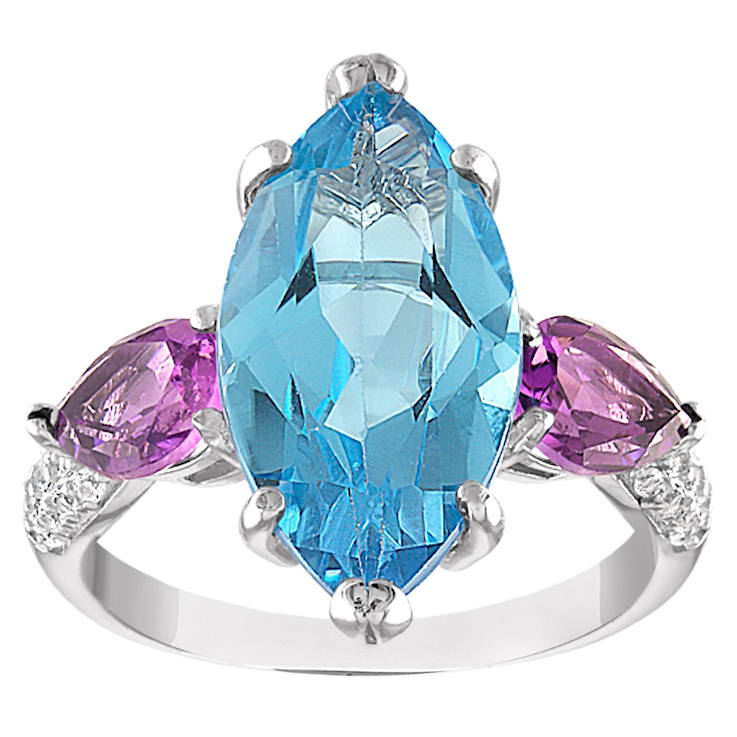 Sterling Silver Swiss Blue Topaz, Amethyst, and Lab White Sapphire Ring