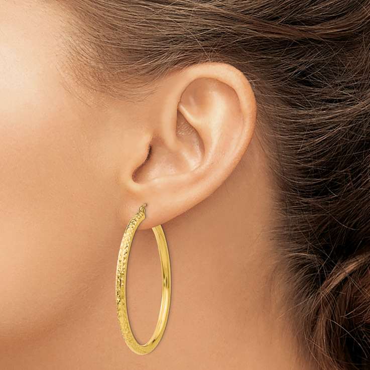 14k Yellow Gold Diamond-Cut 1 3/4" Round Hoop Earrings