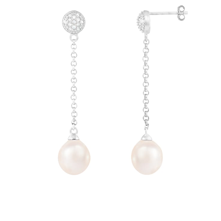 7-7½mm White Cultured Freshwater Pearl and Cubic Zirconia Rhodium Over
Sterling Silver Earrings