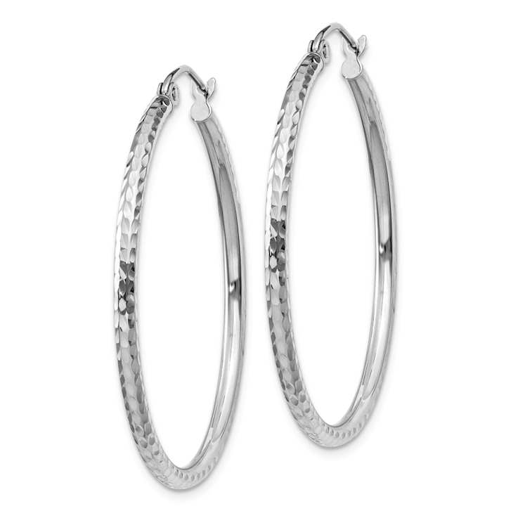 Rhodium Over 14k White Gold 1 3/8" Diamond-cut Round Tube Hoop Earrings