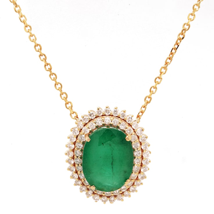 3.50 Ctw Emerald and 0.46 Ctw White Diamond Pendant in 14K YG