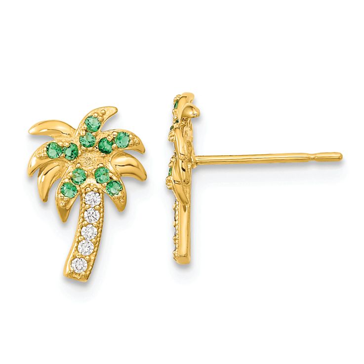 14k Yellow Gold Textured Green and Clear Cubic Zirconia Palm Tree Stud Earrings