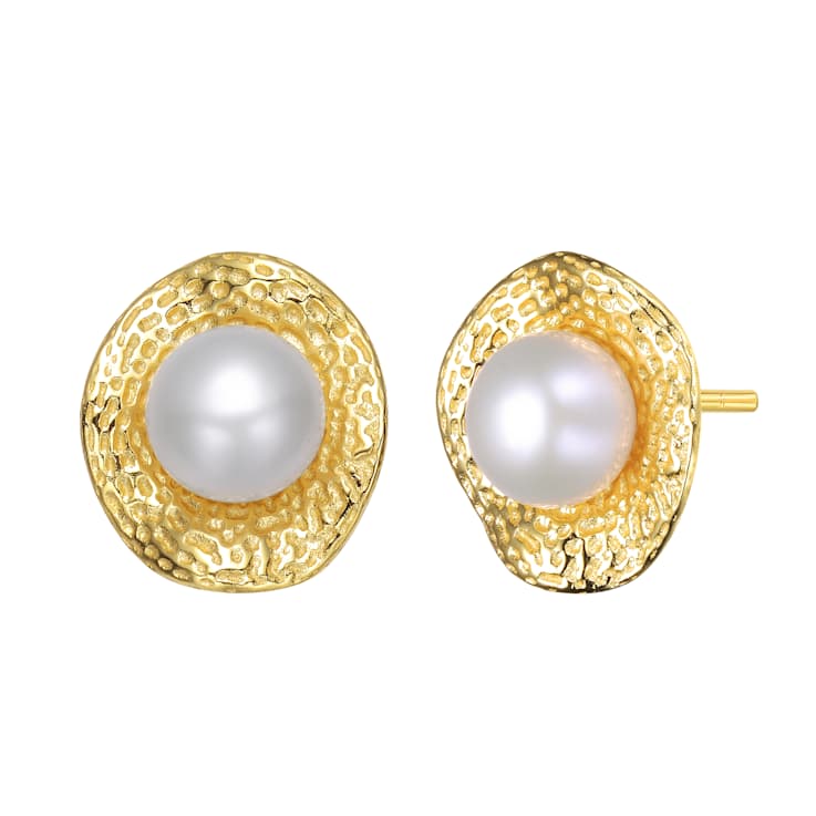 Pear Shape Pearl Hammered Stud Earrings In 14K Gold Over Sterling Silver