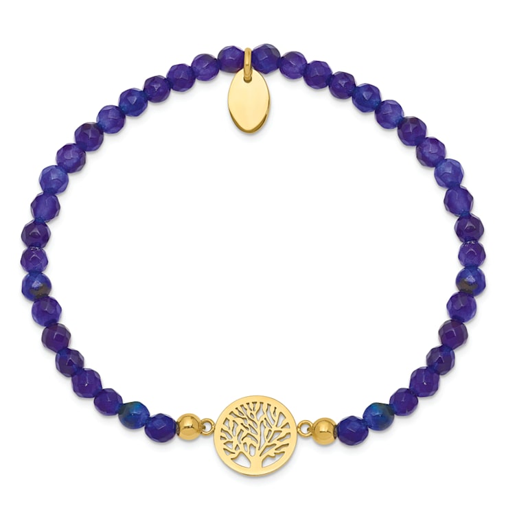Yellow Stainless Steel Polished Tree of Life Blue Jade Stretch Bracelet