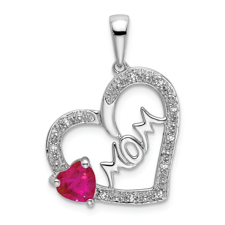Rhodium Over 14k White Gold Ruby and Diamond Mom Heart Pendant