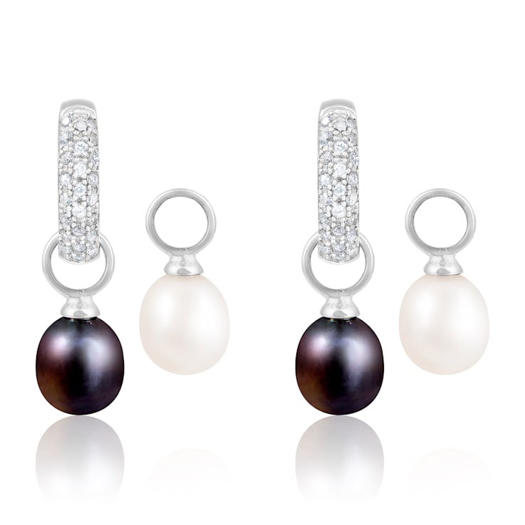 7-8mm White Black Cultured Freshwater Pearl and Cubic Zirconia Rhodium
Over Sterling Silver Earrings