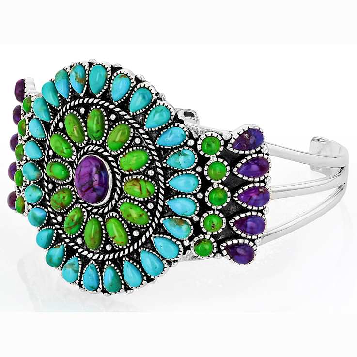 Purple, Green And Blue Turquoise Sterling Silver Cuff Bangle