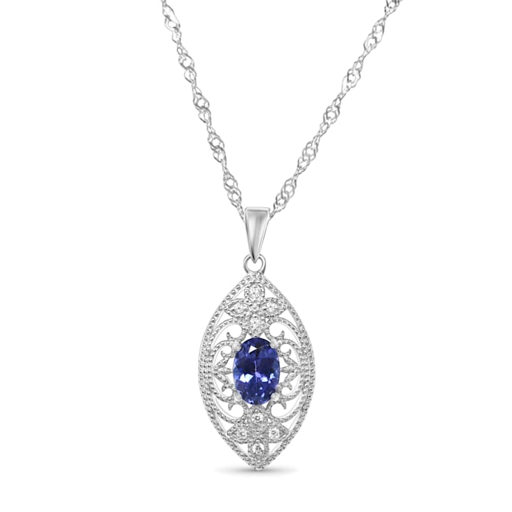 Oval Tanzanite and Cubic Zirconia Rhodium Over Sterling Silver Pendant
with chain, 0.86ctw