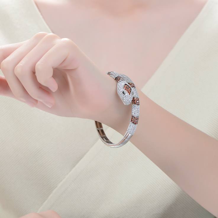 Ruby Color CZ Serpent Cuff Bracelet In Sterling Silver