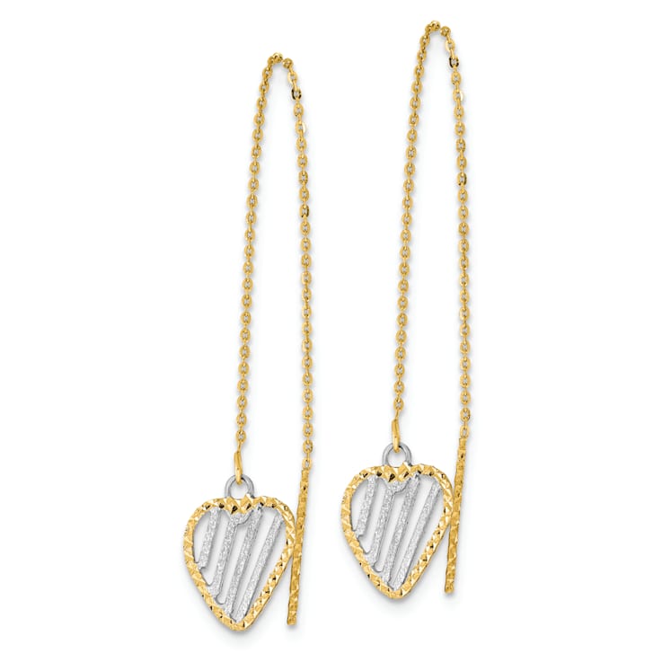 14k Yellow Gold and Rhodium Over 14k Yellow Gold Satin Diamond-Cut Heart
Dangle Threader Earrings