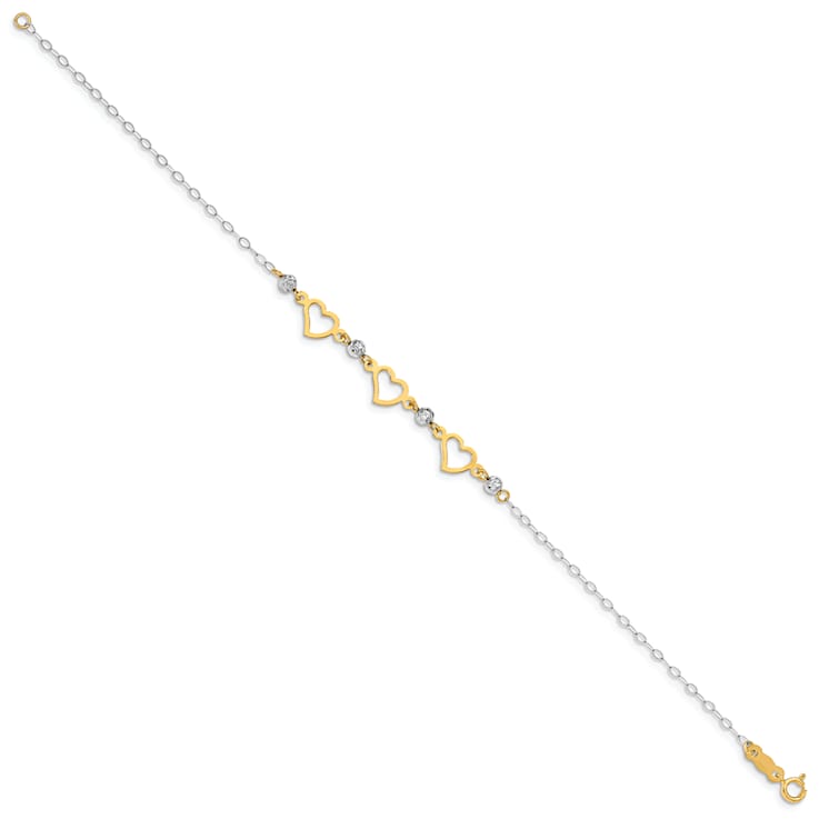 14K Two-tone Oval Link Diamond Cut Beads and Heart Bracelet
