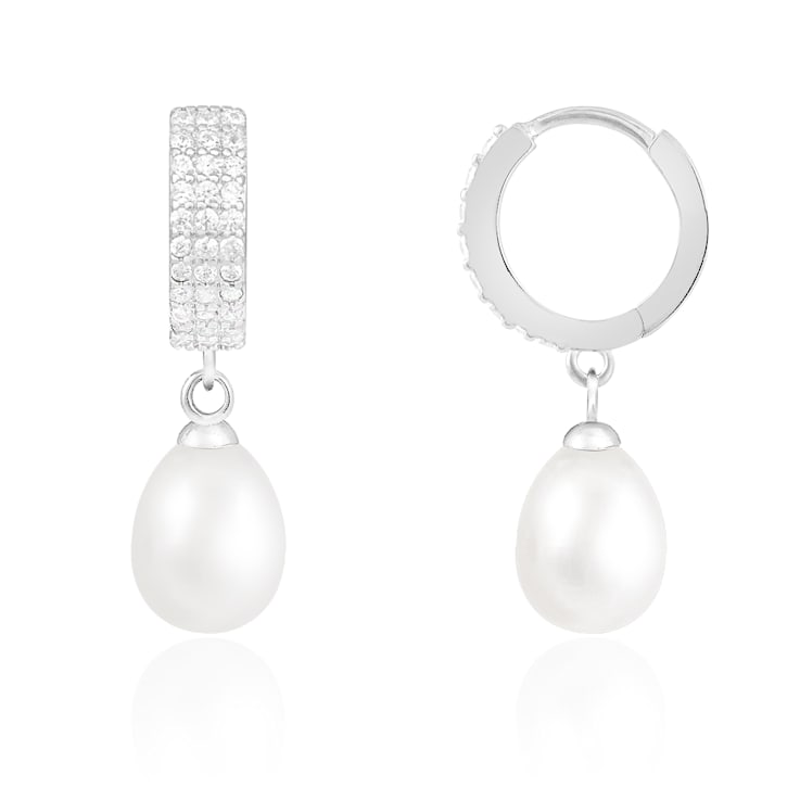 7.5-8mm White Cultured Freshwater Pearl Rhodium Over Sterling Silver Earrings