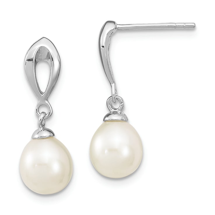 Rhodium Over Sterling Silver 7-8mm White Freshwater Cultured Pearl Post
Dangle Earrings