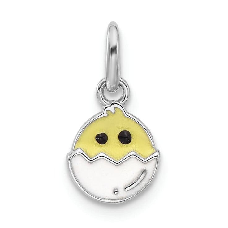 Rhodium Over Sterling Silver Enameled Chick in Egg Children's Pendant