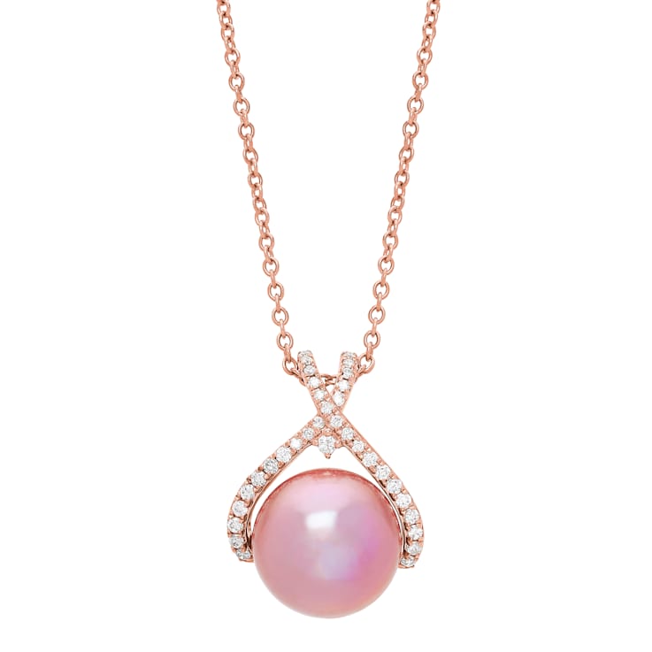 13-14mm Round Pink Freshwater Pearl with Diamond Accents 14K Rose Gold
Pendant with Chain