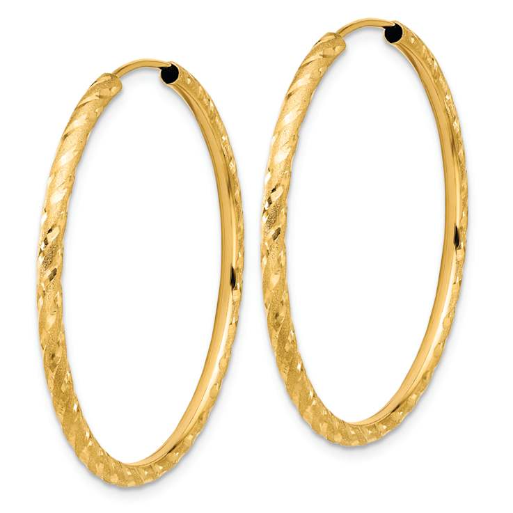14k Yellow Gold 1 3/8" Polished and Satin Diamond-Cut Endless Hoop Earrings