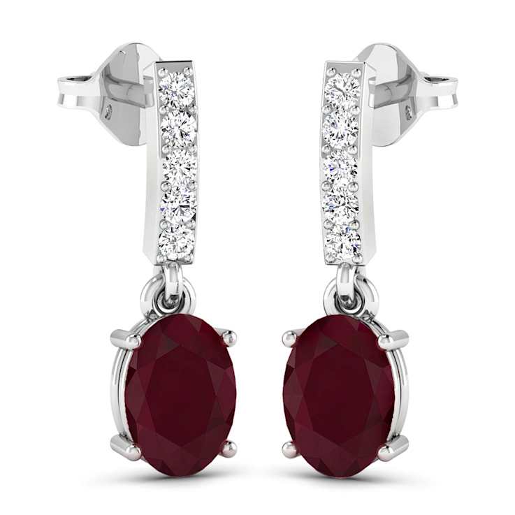 1.70ctw 14K White Gold Red Ruby and White Diamond Halo Earrings