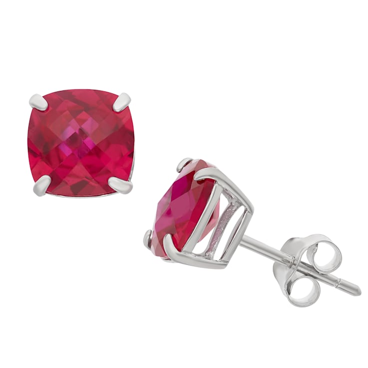 Square Cushion Lab Created Ruby Sterling Silver Stud Earrings 4.60ctw