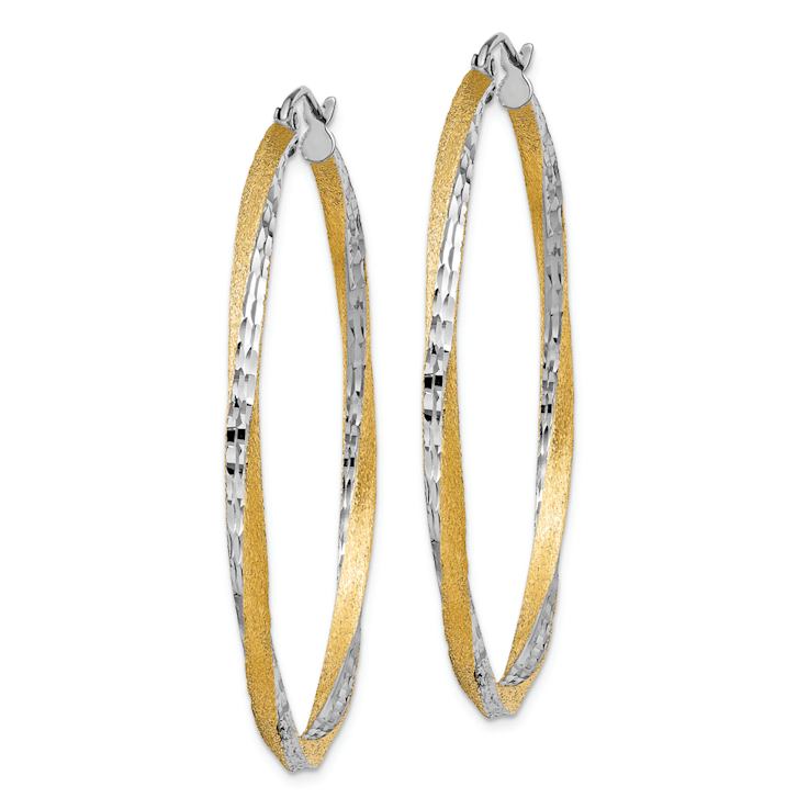 14k Yellow Gold and Rhodium Over 14k Yellow Gold Satin and Diamond-cut 1
3/4" Twisted Hoop Earrings