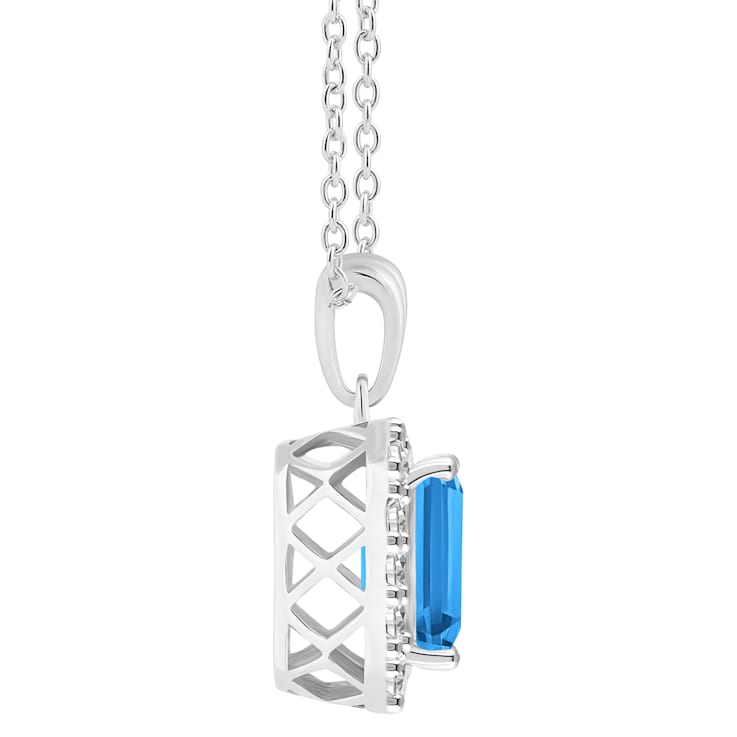 8x6mm Emerald Cut Swiss Blue Topaz and White Topaz Rhodium Over Sterling
Silver Halo Pendant w/Chain