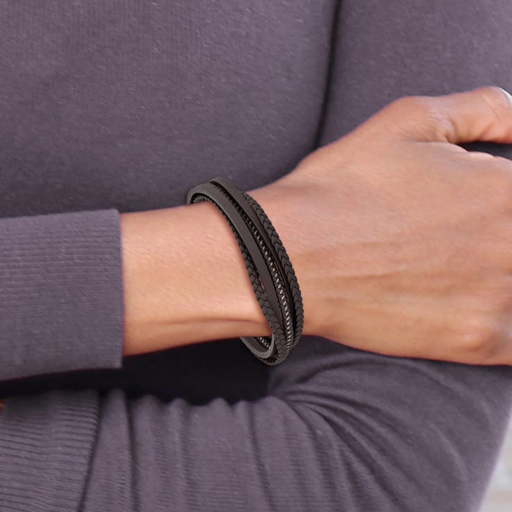 Brown Braided Leather and Stainless Steel Brushed Wire with 0.5-inch
Extension Bracelet