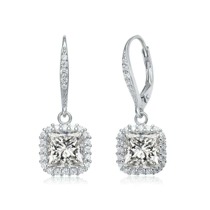 Square CZ Halo Drop Earrings In Sterling Silver