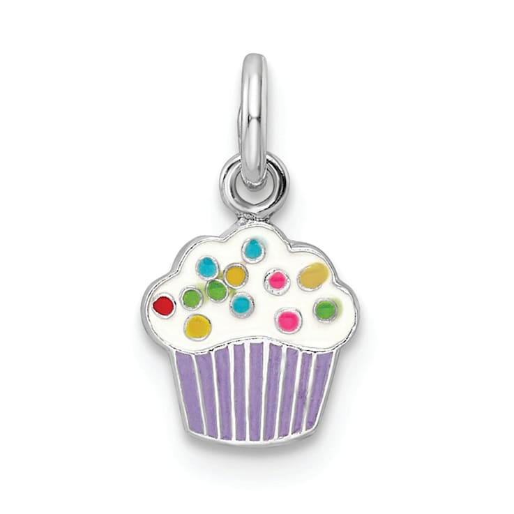 Rhodium Over Sterling Silver Multi-color Enameled Cupcake Children's Pendant