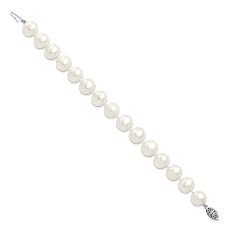 Rhodium Over Sterling Silver 11-12mm White Freshwater Cultured Pearl Bracelet