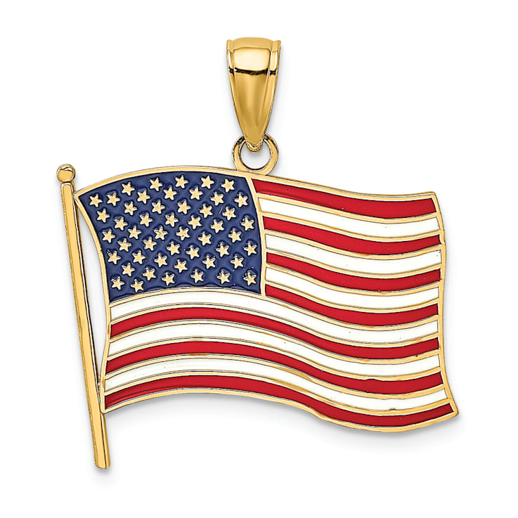 14k Yellow Gold with Enamel American Flag Pendant