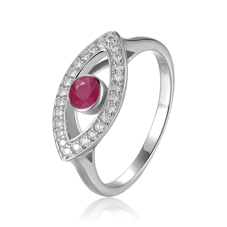 Ruby with Moissanite Accents Rhodium Over Sterling Silver Evil Eye Halo Ring