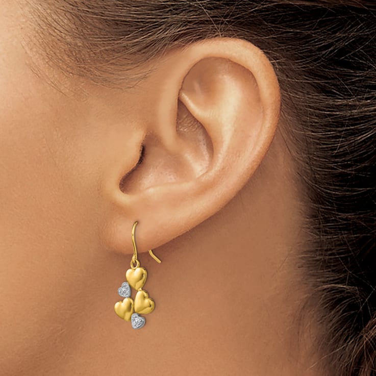 14k Yellow Gold and Rhodium Over 14k Yellow Gold Polished Hearts Dangle Earrings