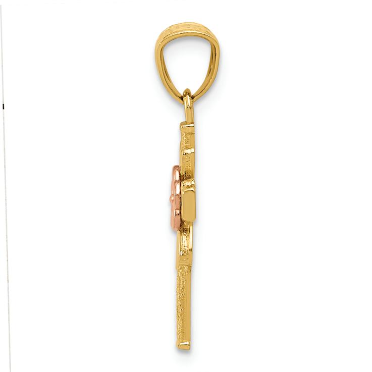 14K Two-tone Gold  Polished, Textured and Diamond-Cut Cross with Flower Pendant