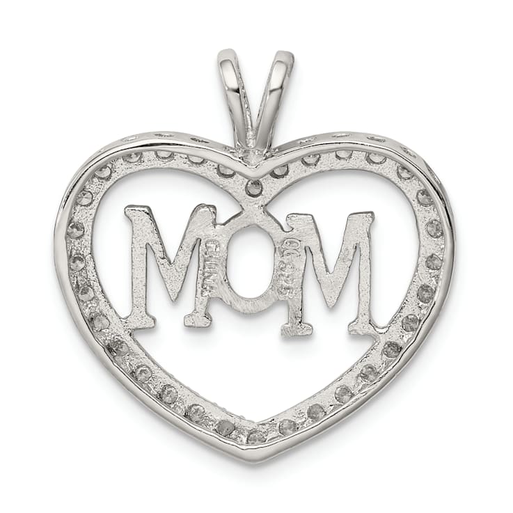 Rhodium Over Sterling Silver Cubic Zirconia Open Heart MOM Pendant