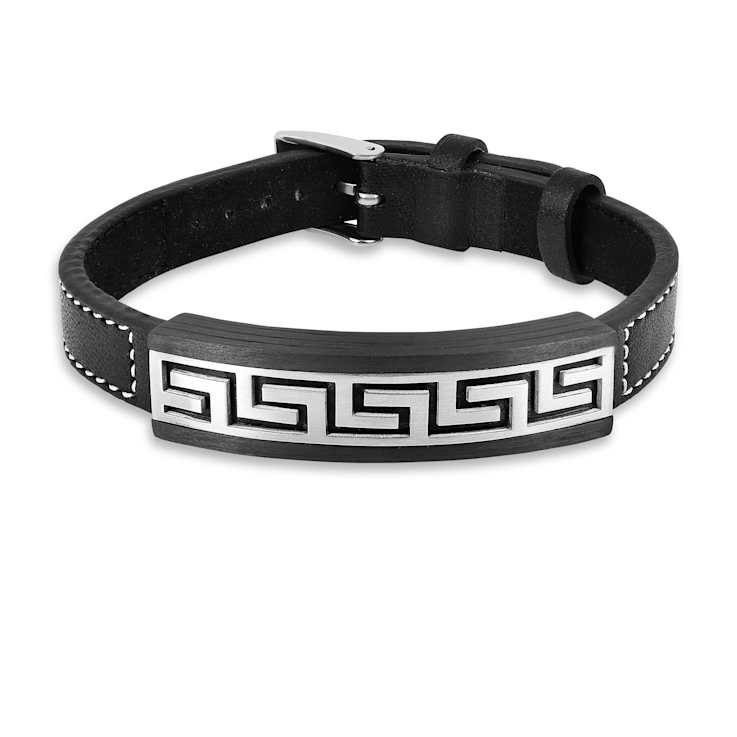 Mens Carbon Fiber, Stainless Steel and Black Leather Greek Key Bracelet