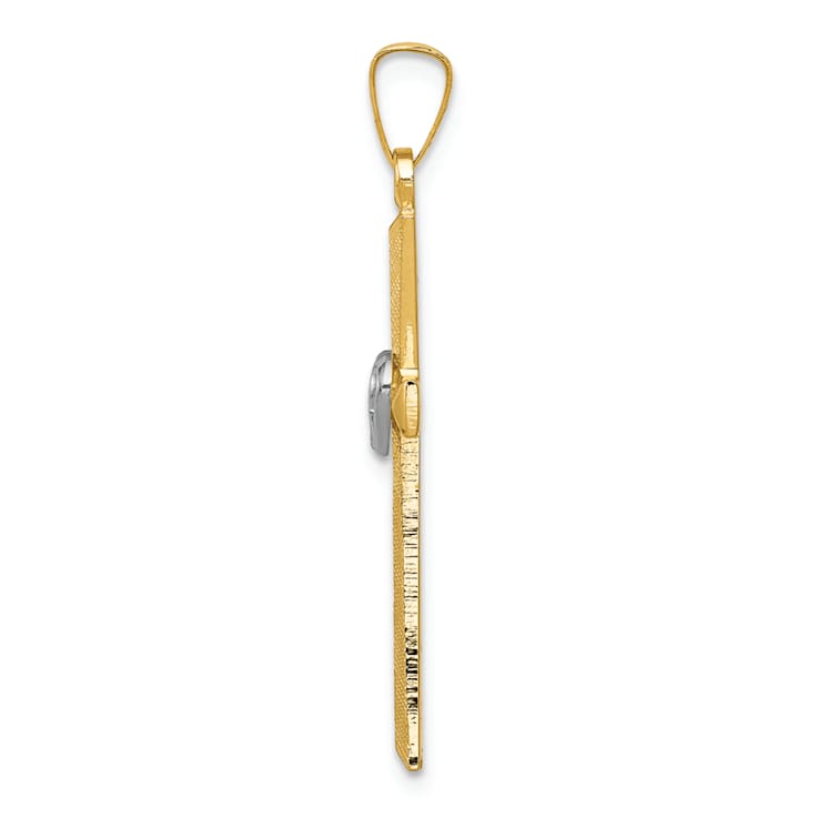 14k Yellow Gold and 14k White Gold Textured and Polished Latin Cross
with Hearts Pendant