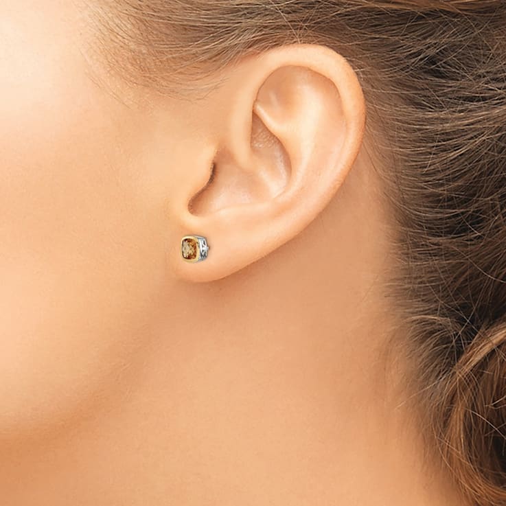 Rhodium Over Sterling Silver with 14k Accent Citrine Square Stud Earrings