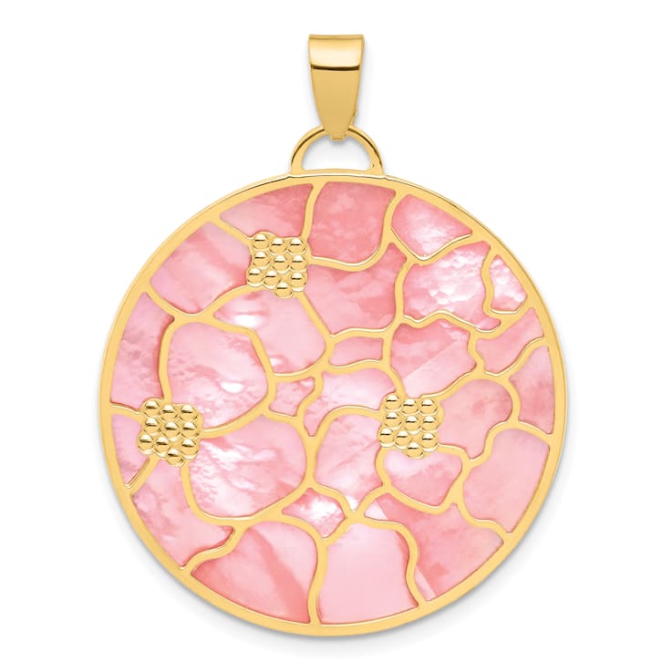 14K Yellow Gold Pink and White MOP Reversible Circle with Flowers Pendant