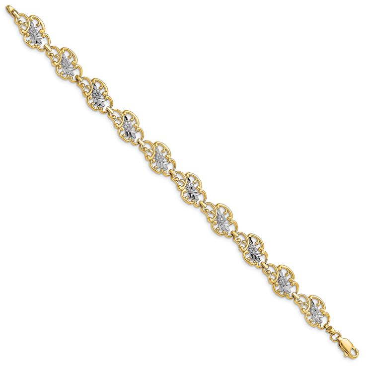 14k Two-tone Gold Diamond-Cut Fancy Flower Link Bracelet