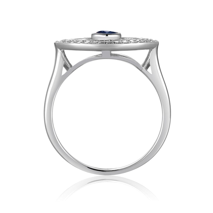 Blue Sapphire with Moissanite Accents Rhodium Over Sterling Silver Evil
Eye Halo Ring