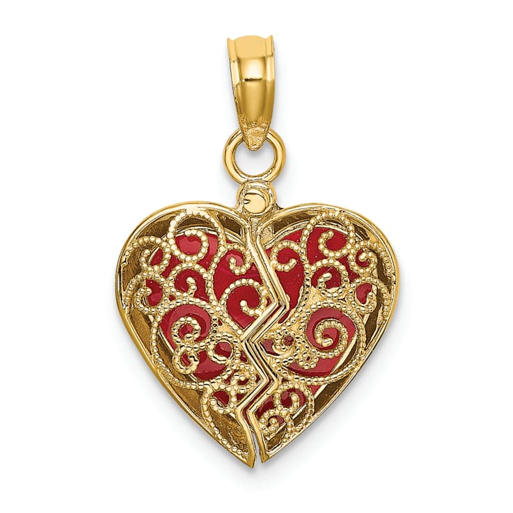 10K Yellow Gold 3D Textured Red Enameled Reversible Openable Heart Charm