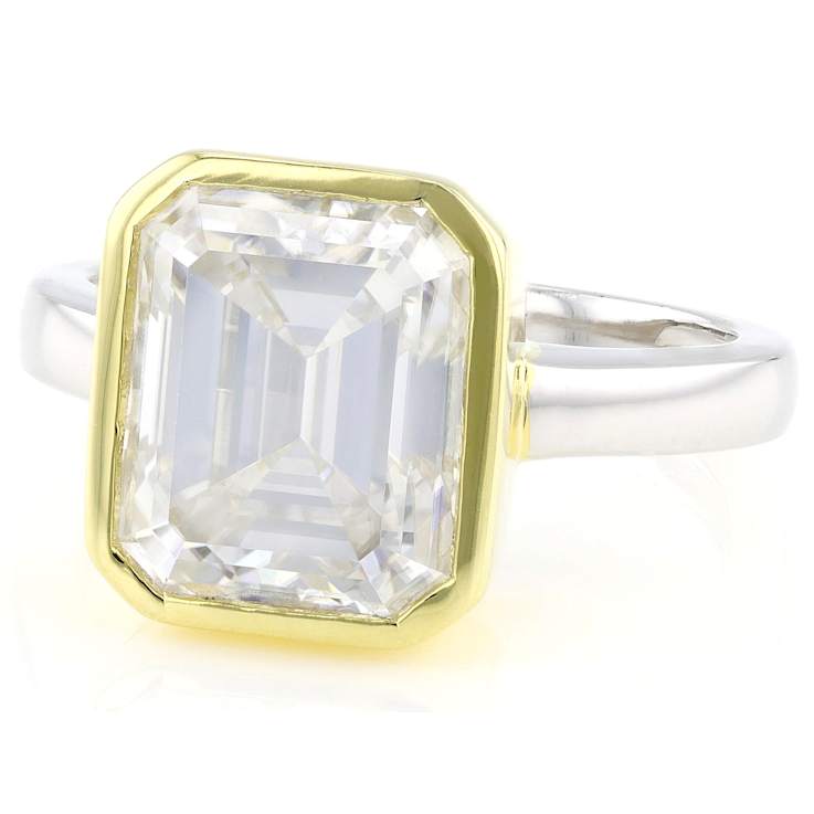 Two-Tone Moissanite Emerald-Cut Solitaire Ring In 14K Gold And
Platinum-Enhanced Sterling Silver 4.93ct DEW