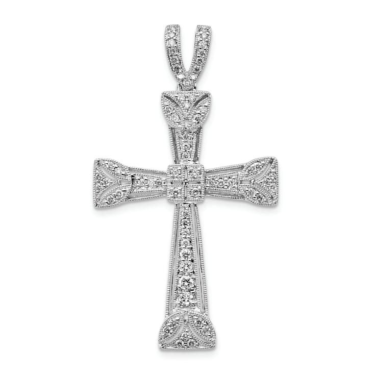 Rhodium Over 14K White Gold Diamond Filigree Cross Pendant