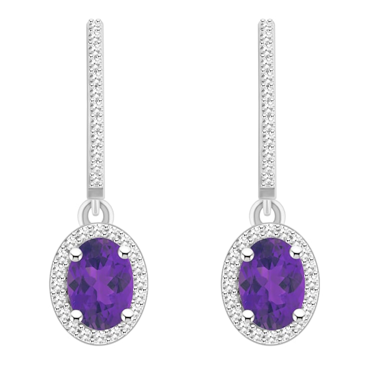 7x5mm Oval Amethyst 1/3 ctw Diamond Rhodium Over Sterling Silver Halo
Dangle Earrings